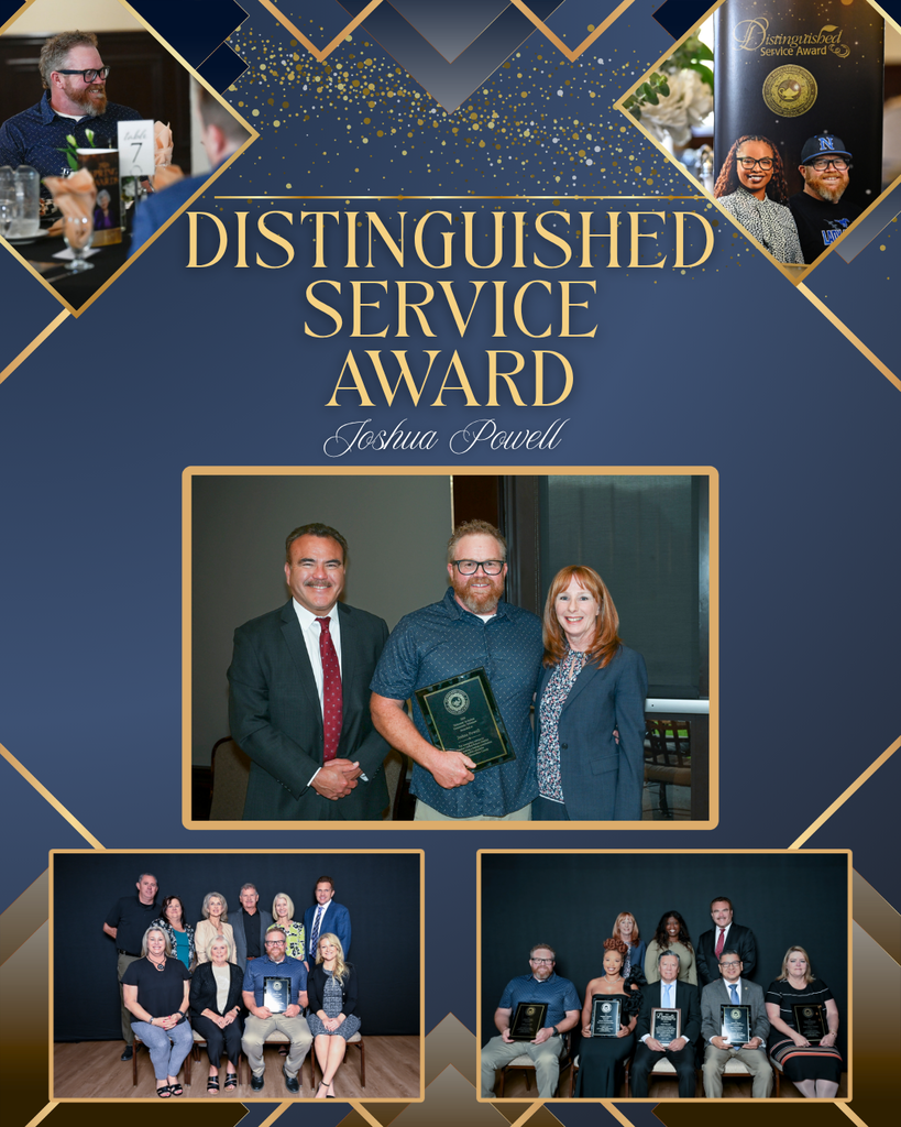 Alt text:  A formal, navy and gold graphic announces “Distinguished Service Award” with the name Joshua Powell. The layout features multiple photos: a central image of three adults smiling, with the award recipient holding a plaque, and two smaller group photos below showing awardees and colleagues posing together. Decorative gold geometric accents and confetti-like details frame the images, creating an elegant, celebratory design.