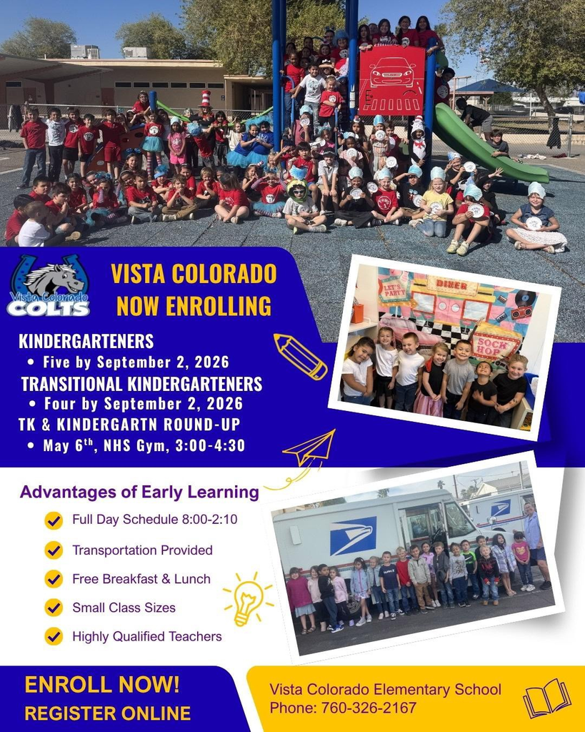 Poster advertising enrollment for Vista Colorado Elementary School, featuring photos of children and listing advantages of early learning, enrollment dates, and contact information.