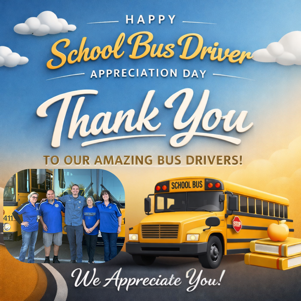 Alt text:  Graphic celebrating School Bus Driver Appreciation Day with a blue and gold gradient background and clouds. Large text reads “Happy School Bus Driver Appreciation Day” and “Thank You to our amazing bus drivers!” An illustration of a yellow school bus sits on a road next to a stop sign, with a stack of books and an apple nearby. Text at the bottom reads “We Appreciate You!” and a school district logo appears in the corner.