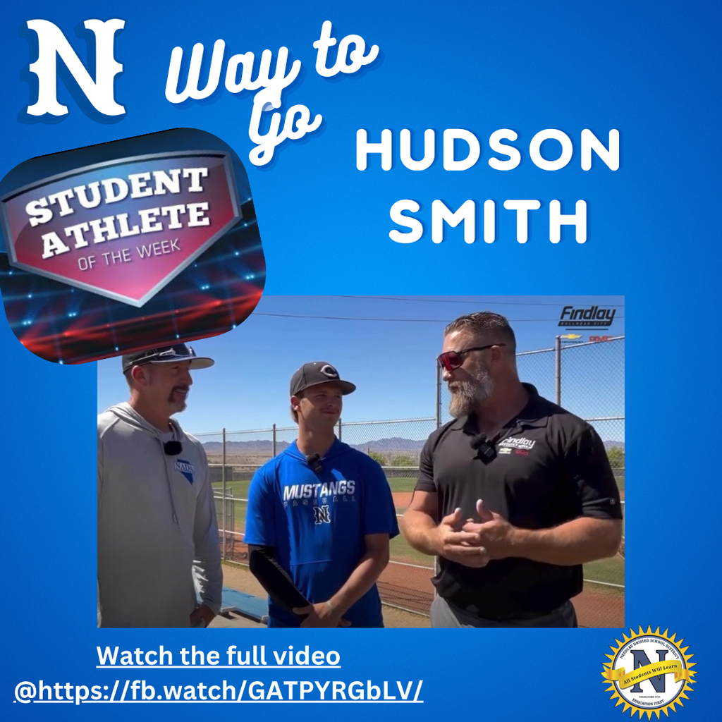 Student Athlete of the Week graphic featuring Hudson Smith. Blue background with text “Way to go Hudson Smith.” A badge reads “Student Athlete of the Week.” Below, three men stand on a baseball field; the center student wears a blue “Mustangs” shirt and cap, flanked by two adult men in casual athletic attire, appearing to conduct an interview. Text at bottom reads “Watch the full video” followed by a Facebook link. A school district logo appears in the lower right corner.