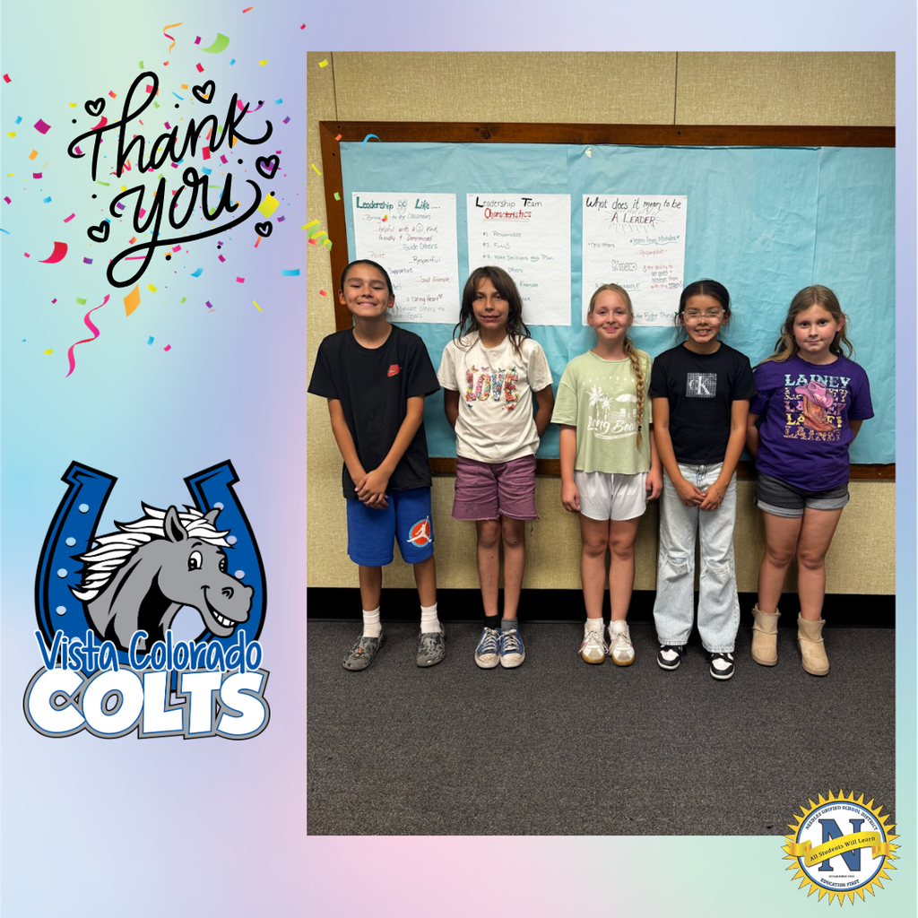 Five elementary-age students stand side by side in a classroom in front of a bulletin board with handwritten posters about leadership. A decorative border on the left reads “Thank you” with confetti, and a school logo at the bottom says “Vista Colorado Colts.” Another school district-style seal appears in the bottom right. The students face the camera and smile.
