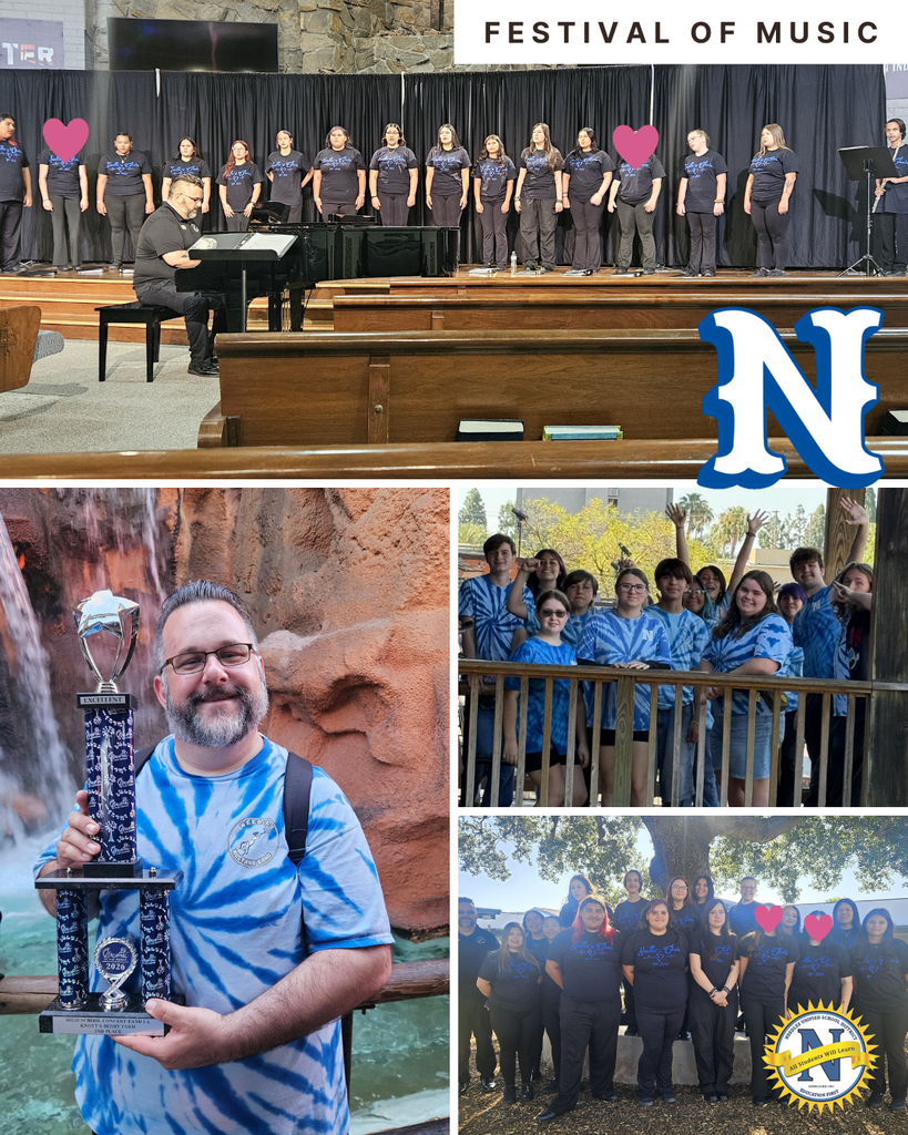 Collage of high school choir students performing and celebrating at a “Festival of Music.”  Top image: A mixed group of students in matching black shirts stands on a stage singing, accompanied by a pianist at a grand piano; a “Festival of Music” banner hangs above.  Bottom left: An adult male instructor wearing a blue tie-dye shirt smiles while holding a tall trophy labeled “Excellent.”  Bottom right: Two group photos of students in matching shirts—one in blue tie-dye, one in black—posing together outdoors, smiling and raising hands. A school logo with a large “N” appears on the collage.