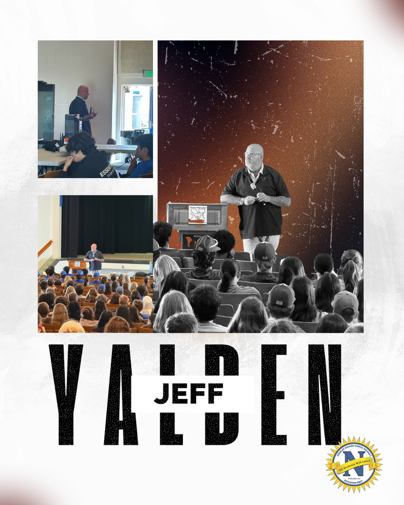 Promotional graphic featuring speaker Jeff Yalden presenting to students during multiple school assembly sessions. The collage includes three photos: a side view of Yalden speaking in a classroom setting, a large central image of him addressing an audience from the front of a room, and a wide auditorium photo showing students seated while listening to his presentation. The design uses black-and-white photography with orange textured accents and large bold text reading “YALDEN” with “JEFF” overlaid across the center. A school district seal logo appears in the bottom-right corner.
