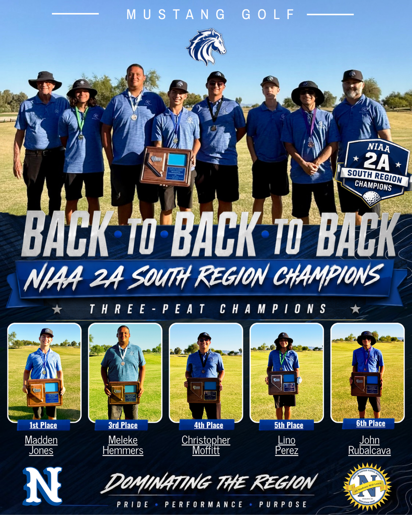 Promotional graphic celebrating a high school boys golf team championship. At the top, eight team members and coaches stand on a golf course wearing matching blue polo shirts and medals, with one player holding a championship plaque. Large text reads “Back to Back to Back” and “NIAA 2A South Region Champions,” followed by “Three-Peat Champions.” A central badge says “NIAA 2A South Region Champions.” Along the bottom are five individual player photos with placements and names: 1st Place Madden Jones, 3rd Place Meleke Hemmers, 4th Place Christopher Moffitt, 5th Place Lino Perez, and 6th Place John Rubalcava. Additional text at the bottom reads “Dominating the Region” and “Pride • Performance • Purpose.”