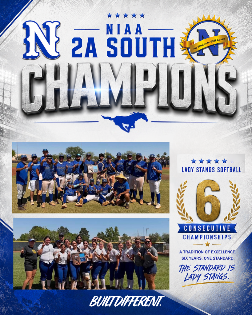 Promotional graphic celebrating Nevada Interscholastic Activities Association 2A South championships featuring Needles High School athletics. Large silver text reads “NIAA 2A South Champions” on a white and blue textured background with school logos and a running mustang graphic. Two horizontal team photos appear below: the boys baseball team posing with a championship plaque and the Lady Stangs softball team posing with their championship plaque. A gold-and-blue side panel highlights “Lady Stangs Softball – 6 Consecutive Championships” with additional text reading “A tradition of excellence. Six years. One standard. The standard is Lady Stangs.” White script text at the bottom reads “Built Different.”
