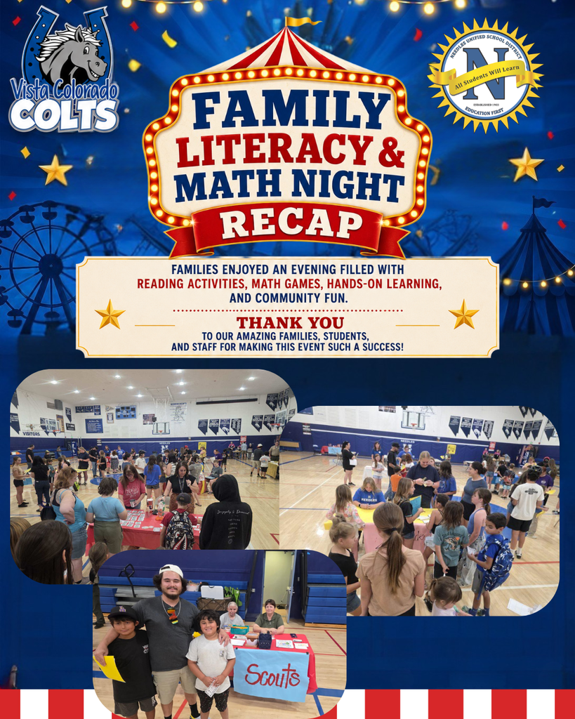 Promotional recap graphic for Vista Colorado Colts Family Literacy and Math Night. The design uses a carnival theme with blue, red, and gold colors, string lights, confetti, and ferris wheel silhouettes. The Vista Colorado Colts logo appears in the upper left corner, and the Needles Unified School District seal appears in the upper right corner. Large centered text reads “Family Literacy & Math Night Recap.” Additional text states that families enjoyed reading activities, math games, hands-on learning, and community fun, followed by a thank-you message to families, students, and staff. Three event photos show students, families, and community members participating in activities inside a school gymnasium, including activity tables and a Scouts booth.