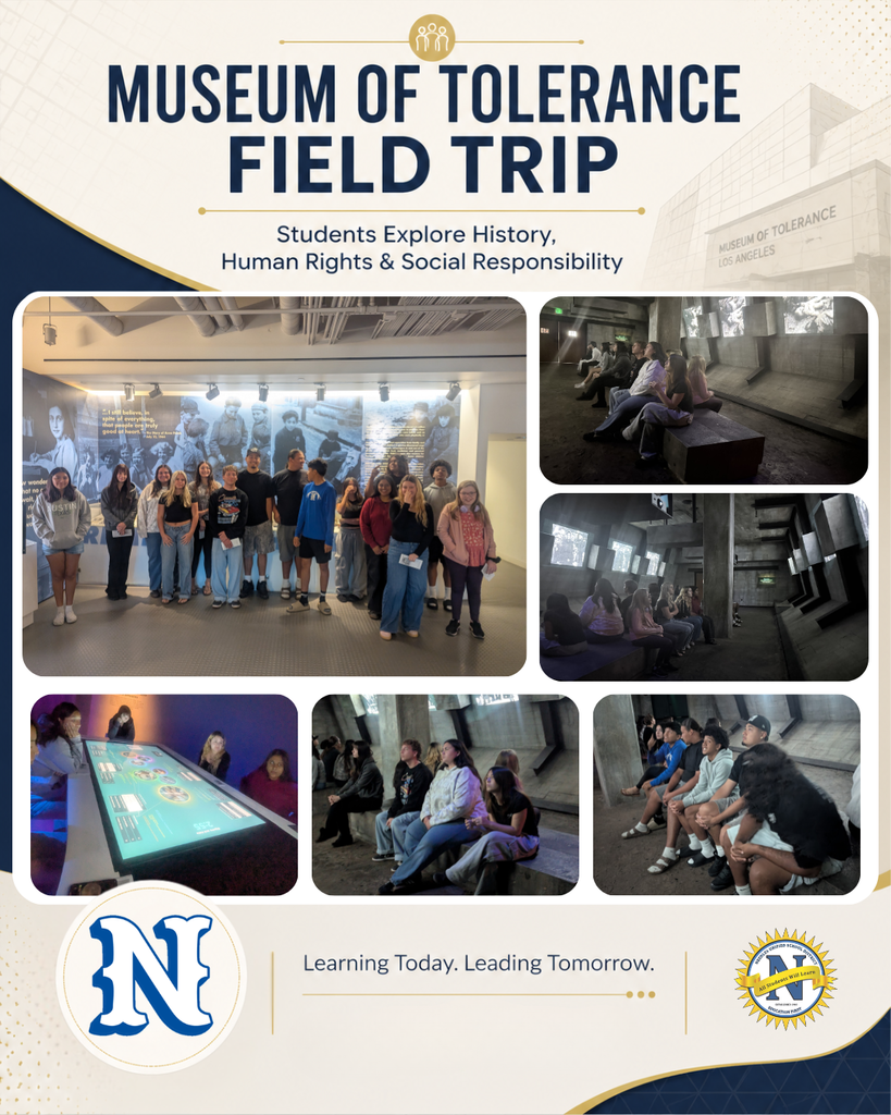 Promotional graphic for a Museum of Tolerance field trip featuring a cream, navy, and gold design. Large headline text reads “Museum of Tolerance Field Trip,” with a subtitle stating “Students Explore History, Human Rights & Social Responsibility.” Multiple photos show high school students visiting exhibits, participating in interactive displays, and watching presentations inside the museum. One large group photo shows students standing together in front of a historical exhibit wall. Additional photos show students seated in a dimly lit exhibit space and interacting with a touchscreen display. The Needles Unified School District logos appear at the bottom corners beside the phrase “Learning Today. Leading Tomorrow.”