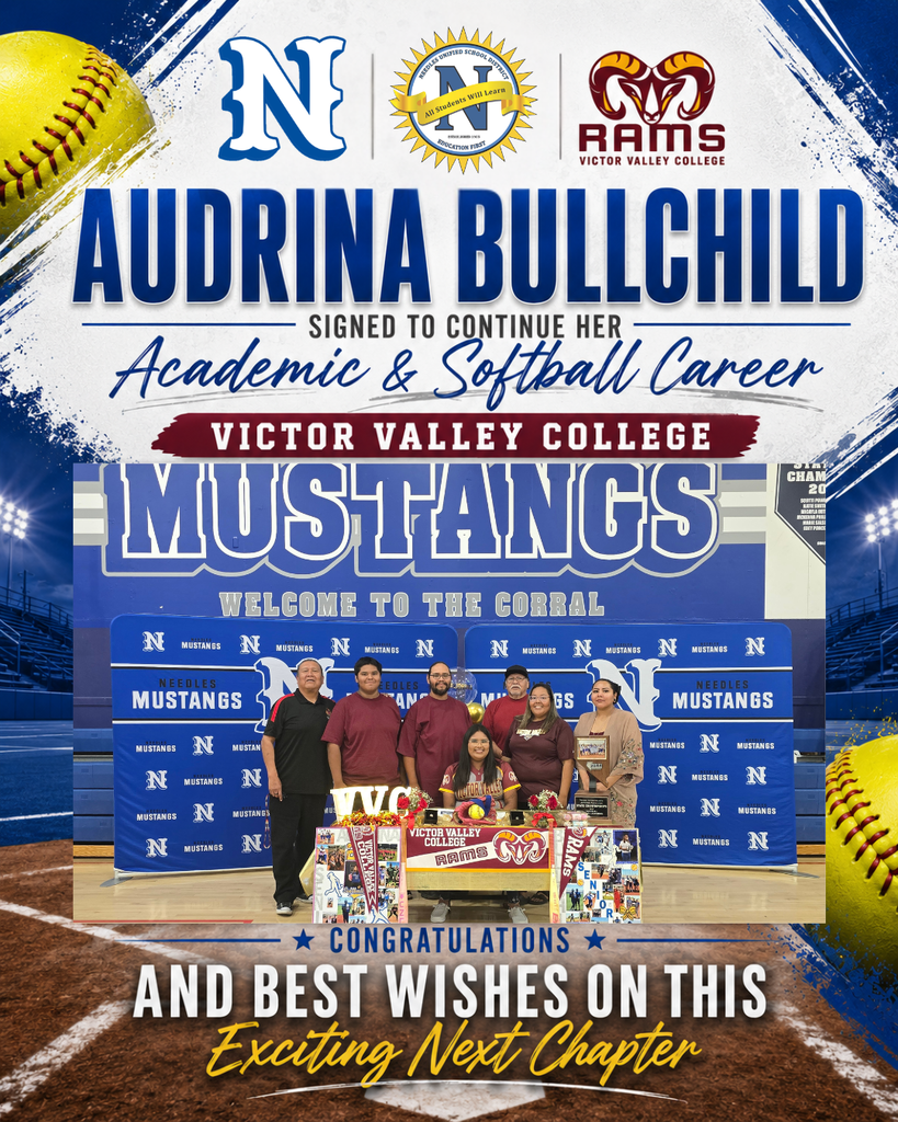 Promotional graphic celebrating student-athlete Audrina Bullchild signing to continue her academic and softball career at Victor Valley College. The design features blue, white, and maroon school colors with softball graphics and school logos across the top. Large text announces her signing, with a centered group photo showing Audrina seated at a decorated signing table surrounded by family members in front of a “Mustangs” backdrop. Bottom text reads, “Congratulations and Best Wishes on This Exciting Next Chapter.”