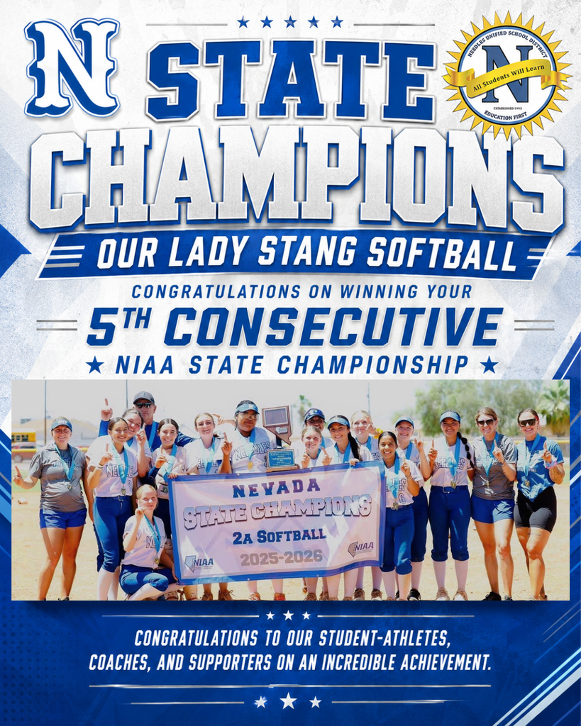 Promotional graphic celebrating the Our Lady Stang Softball team winning the NIAA State Championship for the fifth consecutive year. The design features large blue and white text reading “State Champions” and “5th Consecutive NIAA State Championship,” along with school district and team logos. A team photo in the center shows student-athletes and coaches posing outdoors with medals, a championship plaque, and a banner reading “Nevada State Champions 2A Softball 2025–2026.” Bottom text congratulates the student-athletes, coaches, and supporters on their achievement.