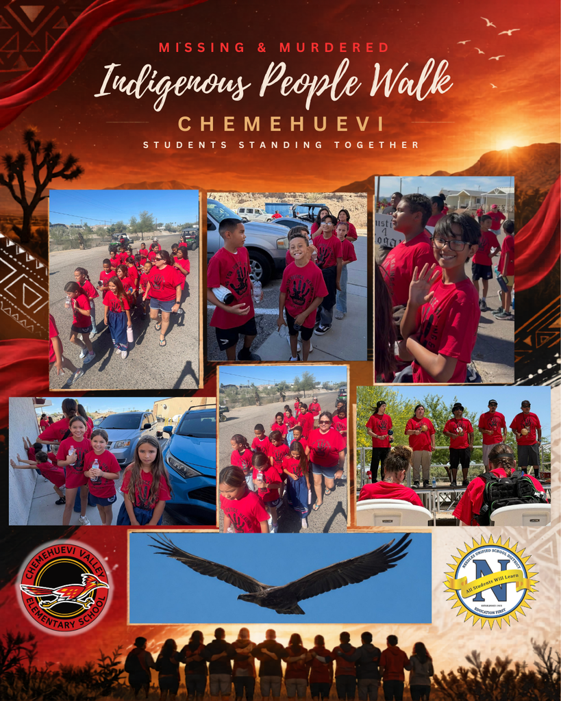 Collage-style promotional graphic for the Missing and Murdered Indigenous People Walk in Chemehuevi featuring students in red shirts participating in the community event. The design includes desert sunset imagery, school and district logos, cultural accents, and a soaring bird symbolizing unity and remembrance.