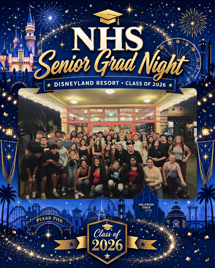 **Alt text (WCAG 2.1 compliant):**  Promotional graphic for “NHS Senior Grad Night” at Disneyland Resort for the Class of 2026. The design features a dark blue and gold theme with fireworks, stars, a castle, amusement park attractions, and celebratory graduation imagery. Centered in the graphic is a large group photo of graduating high school seniors posing together outside a Disneyland Resort entrance at night. Text reads “NHS Senior Grad Night,” “Disneyland Resort • Class of 2026,” and “Class of 2026.” The overall design celebrates the graduating class and their senior graduation night event at Disneyland Resort.
