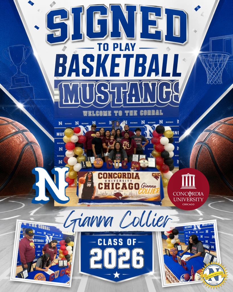 **Alt text (WCAG 2.1 compliant):**  Celebratory signing announcement graphic recognizing Gianna Collier, a member of the Class of 2026, for signing to play basketball at Concordia University Chicago. The design features a blue, white, and gray basketball-themed background with large basketball images, school branding, and the text “Signed to Play Basketball.” A central photo shows Gianna seated at a decorated signing table surrounded by family and supporters in a gymnasium. Concordia University Chicago and school logos are displayed alongside the photo. Two smaller photos show Gianna signing her commitment documents and posing at the signing event. Text includes “Gianna Collier,” “Class of 2026,” and references to Concordia University Chicago. A school district logo appears in the lower-right corner.