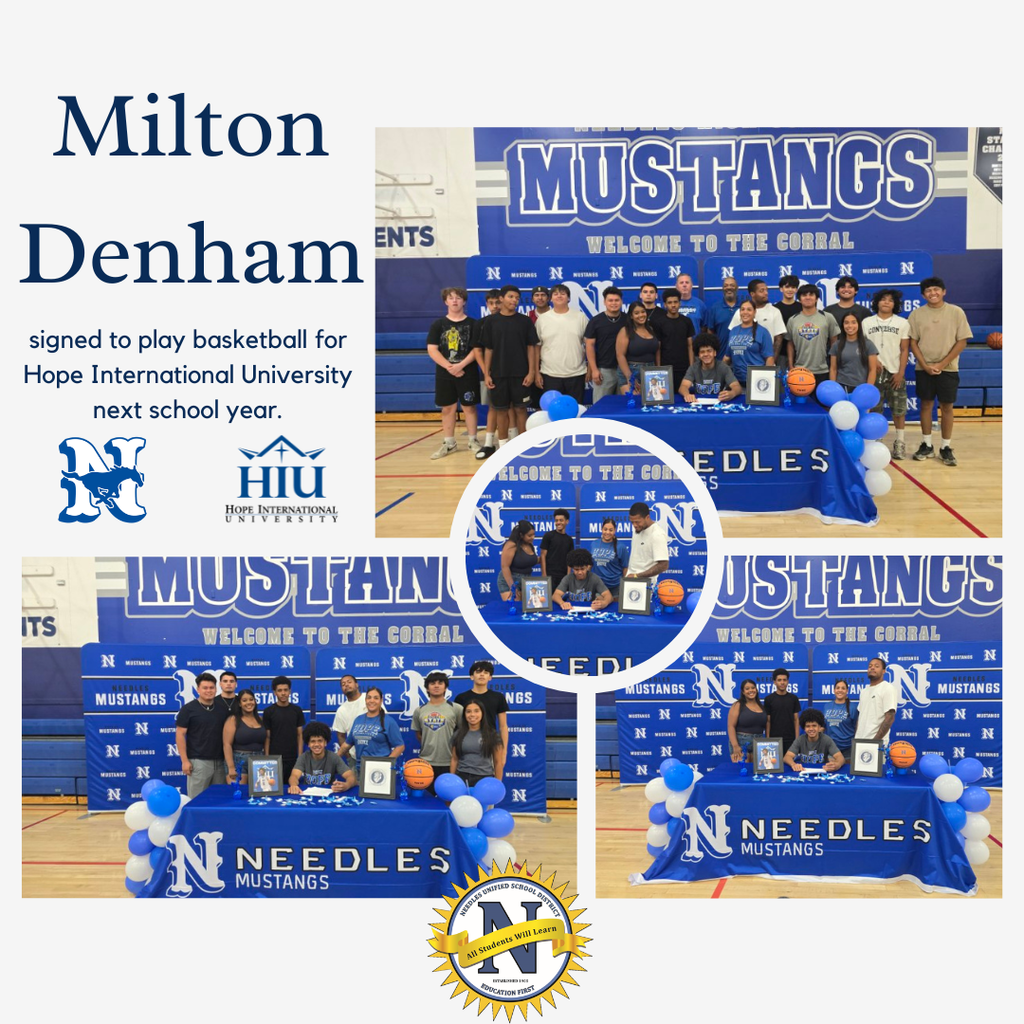 **Alt text (WCAG 2.1 compliant):** Signing announcement graphic recognizing Milton Denham for signing to play basketball at Hope International University. The design features a light gray background with blue school branding and multiple photos from a signing ceremony held in a high school gymnasium. Text reads, “Milton Denham signed to play basketball for Hope International University next school year.” The largest photo shows Milton seated at a signing table with family, teammates, and supporters standing behind him beneath a large “Mustangs” sign. Two additional photos show Milton posing with family members and supporters at the decorated signing table. A circular inset photo highlights the signing moment. School and university logos are displayed, and a school district seal appears at the bottom of the graphic.