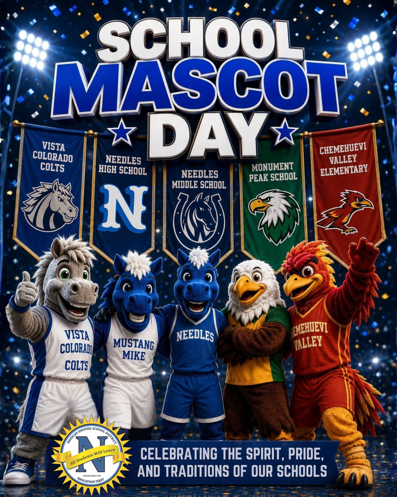 WCAG 2.1 compliant alt text: **"School Mascot Day graphic featuring five school mascots standing together under stadium lights and confetti. From left to right are the Vista Colorado Colts mascot, Needles High School mascot, Needles Middle School mascot Mustang Mike, Monument Peak School eagle mascot, and Chemehuevi Valley Elementary roadrunner mascot. Large text at the top reads 'School Mascot Day.' School banners representing each campus hang behind the mascots. Text at the bottom reads, 'Celebrating the Spirit, Pride, and Traditions of Our Schools.'"**