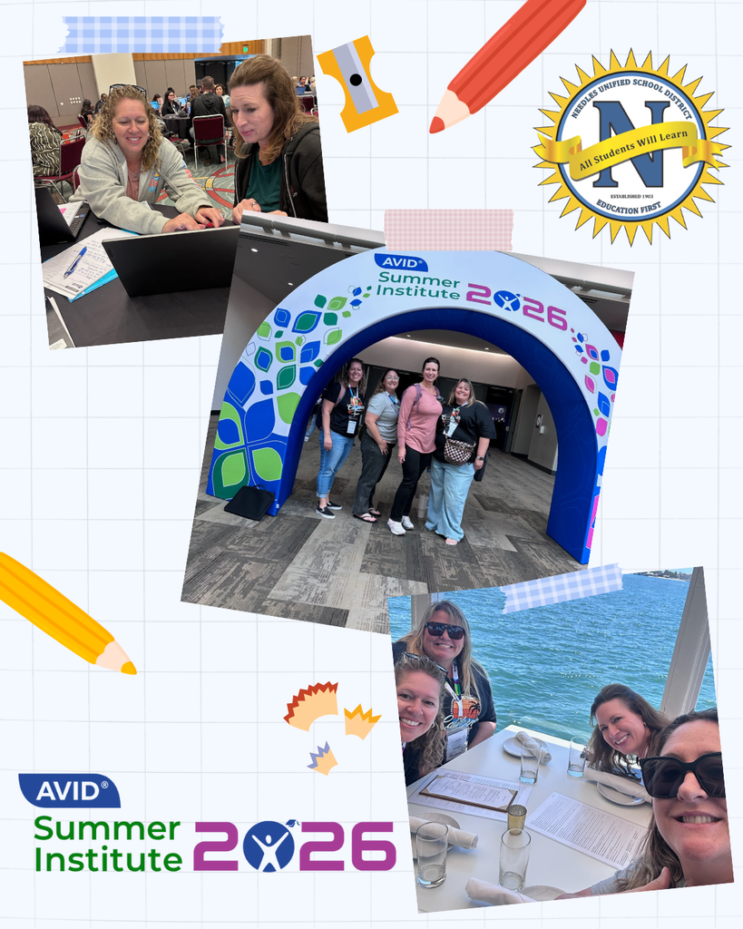 Collage highlighting Needles Unified School District staff participating in the 2026 AVID Summer Institute. The collage includes three photographs: one showing two educators collaborating on a laptop during a workshop, one showing four staff members posing beneath the AVID Summer Institute 2026 entrance arch, and one showing four staff members dining together near the waterfront during the conference. The background features a light grid pattern with school-themed graphics, including pencils, tape, and pencil shavings. The Needles Unified School District logo appears in the upper-right corner, and the AVID Summer Institute 2026 logo appears in the lower-left corner.