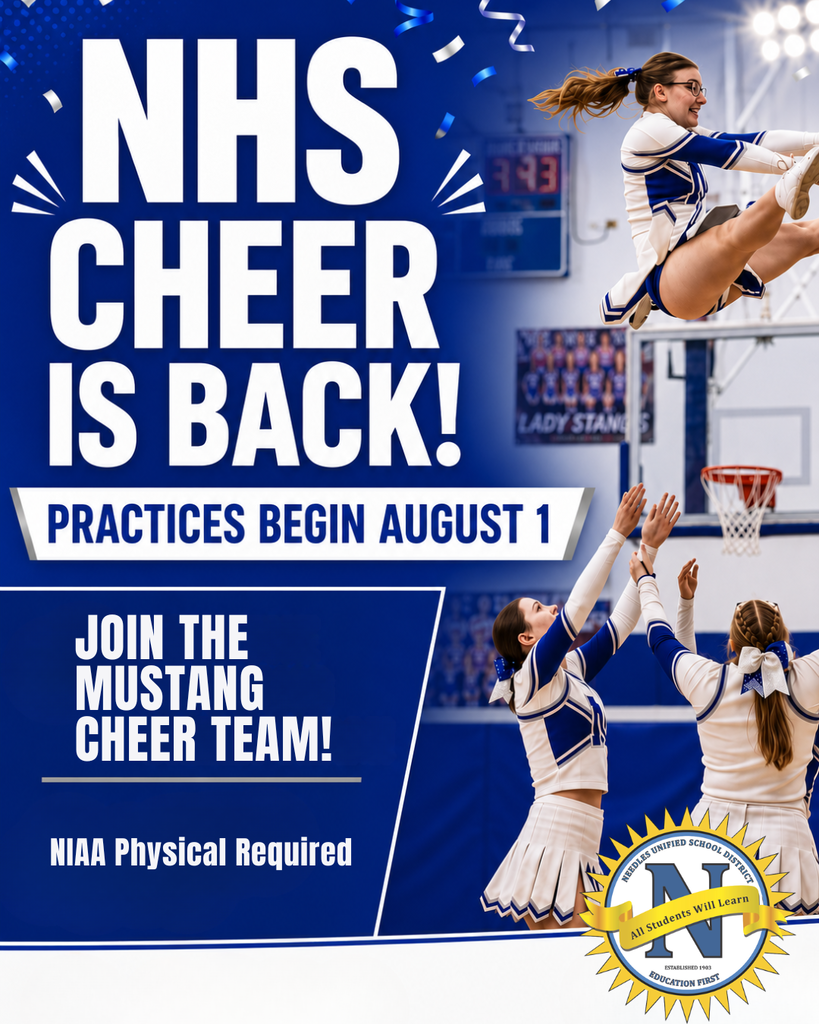 Graphic promoting Needles High School cheerleading. Large white text on a blue background reads: "NHS Cheer Is Back!" A banner below states: "Practices Begin August 1." Additional text reads: "Join the Mustang Cheer Team!" and "NIAA Physical Required." The graphic features action photos of cheerleaders performing a basket toss inside a gymnasium with blue-and-white uniforms and celebratory confetti graphics. The Needles Unified School District logo appears in the lower-right corner.