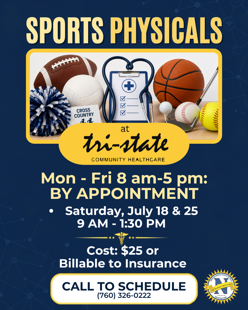 Graphic promoting sports physicals at Tri-State Community Healthcare. The top heading reads: "Sports Physicals." The graphic includes images of a football, volleyball, basketball, baseball, softball, golf club and ball, cheer pom-pom, cross country bib, stethoscope, and medical clipboard. Appointment information states: Monday through Friday, 8:00 a.m. to 5:00 p.m., by appointment. Saturday, July 18 and July 25, 9:00 a.m. to 2:00 p.m. Cost: $25 or billable to insurance. Call to schedule: (760) 326-0222. The Needles Unified School District logo appears in the lower-right corner.