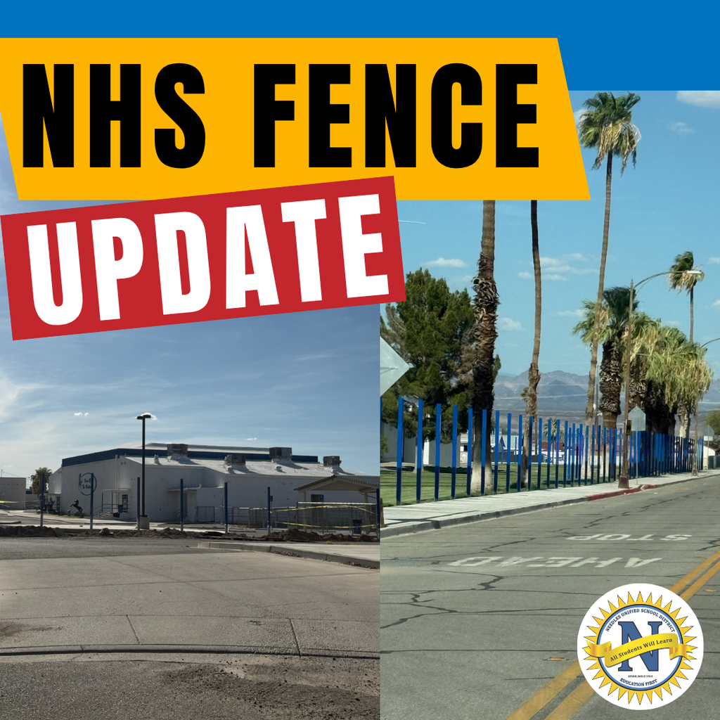 Graphic reading "NHS Fence Update" over two photos showing a blue perimeter fence installed along the street outside an NHS campus with palm trees and school buildings in the background.