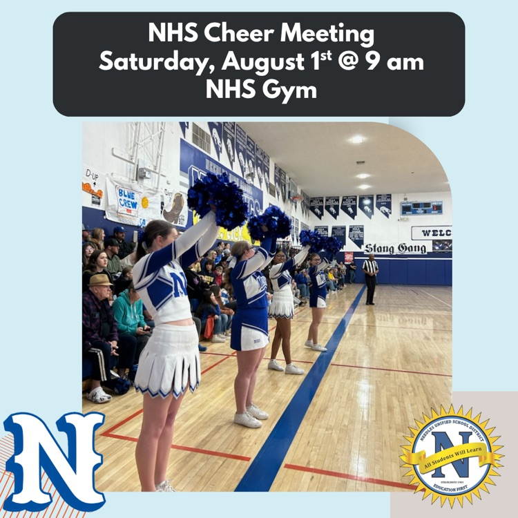 Flyer announcing an NHS Cheer Meeting on Saturday, August 1st at 9:00 a.m. in the NHS Gym, featuring a photo of four cheerleaders performing in a school gym, with the NHS logo and school district seal.