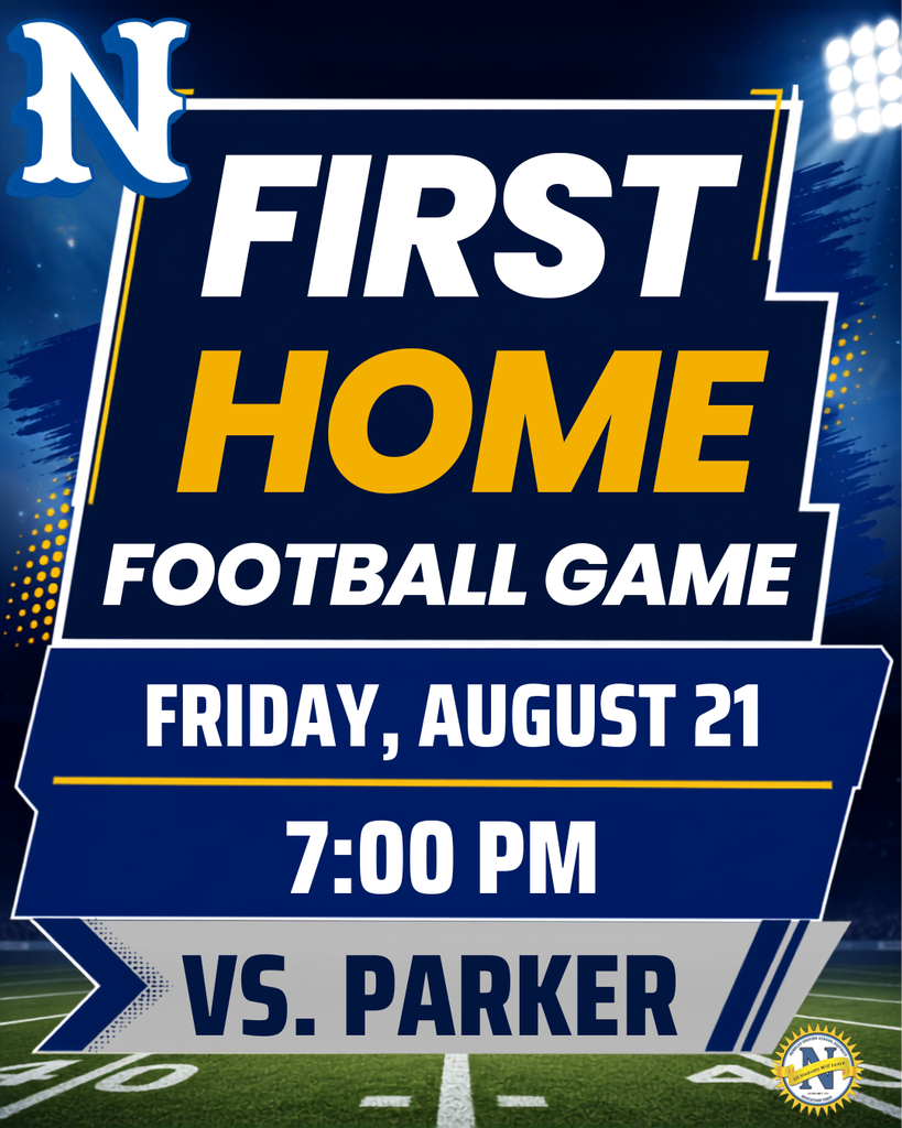 Flyer for the first home football game featuring high-contrast blue, white, and yellow panels over a football field at night. Text reads: First Home Football Game, Friday, August 21 at 7:00 PM vs. Parker.