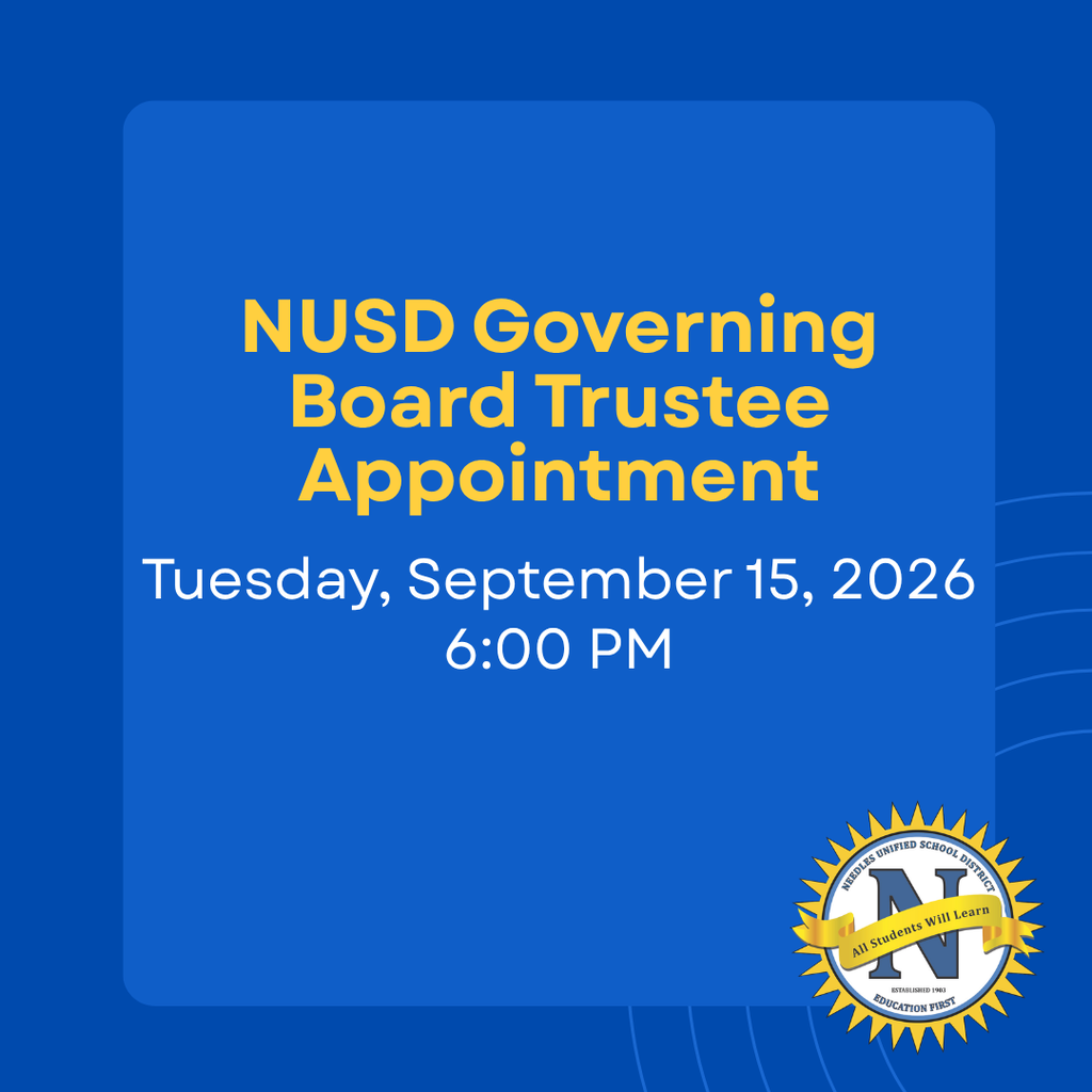 Graphic announcing NUSD governing board trustee appointment. Tuesday, September 15, 2026. 6:00 PM