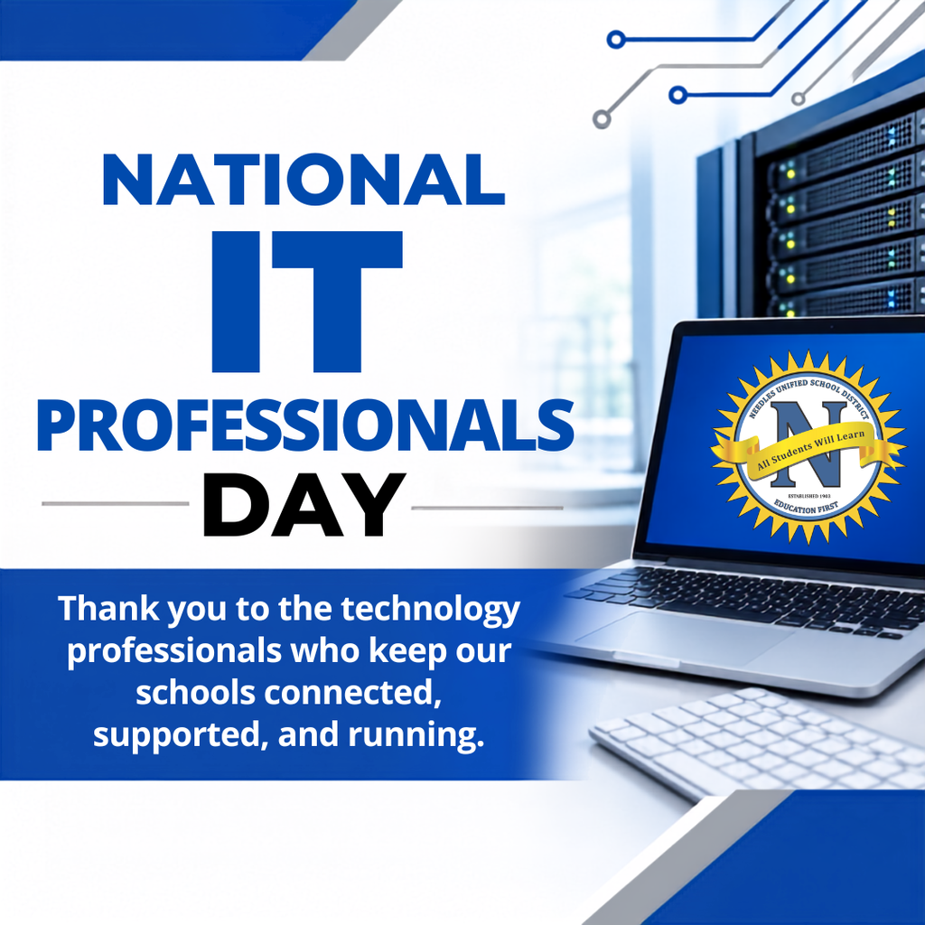 Graphic celebrating National IT Professionals Day. The graphic features a royal blue, white, and gray school technology design with a laptop, server equipment, and network connection graphics. Text reads: “National IT Professionals Day. Thank you to the technology professionals who keep our schools connected, supported, and running.”