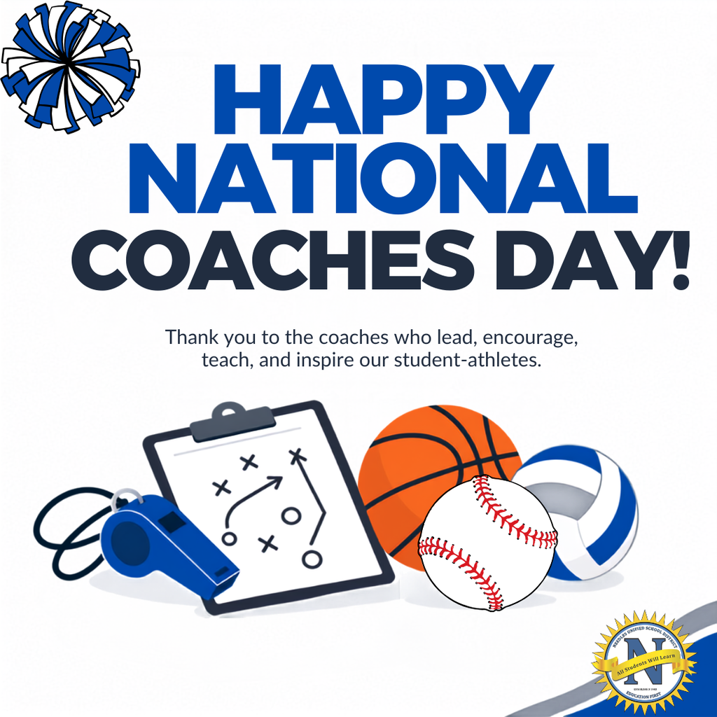 Graphic celebrating National Coaches Day. The graphic features large blue and dark charcoal text reading “Happy National Coaches Day!” with a message thanking coaches who lead, encourage, teach, and inspire student-athletes. Simple illustrations of a whistle, coaching clipboard, basketball, soccer ball, and volleyball appear along the bottom. The design uses a white background with blue and gray athletic accents.