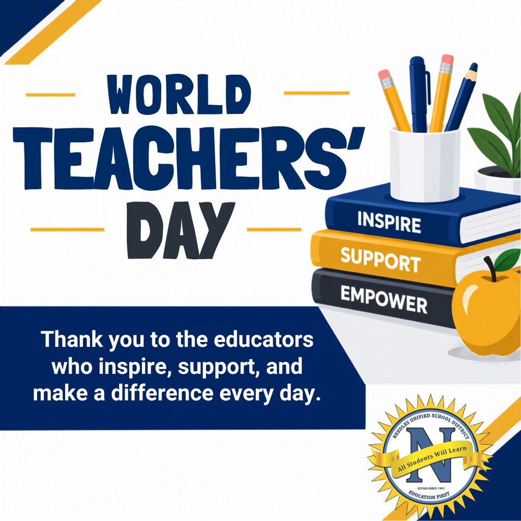 A school district graphic celebrating World Teachers’ Day. The design uses navy blue, warm gold, white, and charcoal. Large text reads “World Teachers’ Day.” An illustration features books labeled “Inspire,” “Support,” and “Empower,” along with pencils, a plant, and a gold apple. A navy panel reads, “Thank you to the educators who inspire, support, and make a difference every day.” A space at the bottom is provided for the school district name or logo.