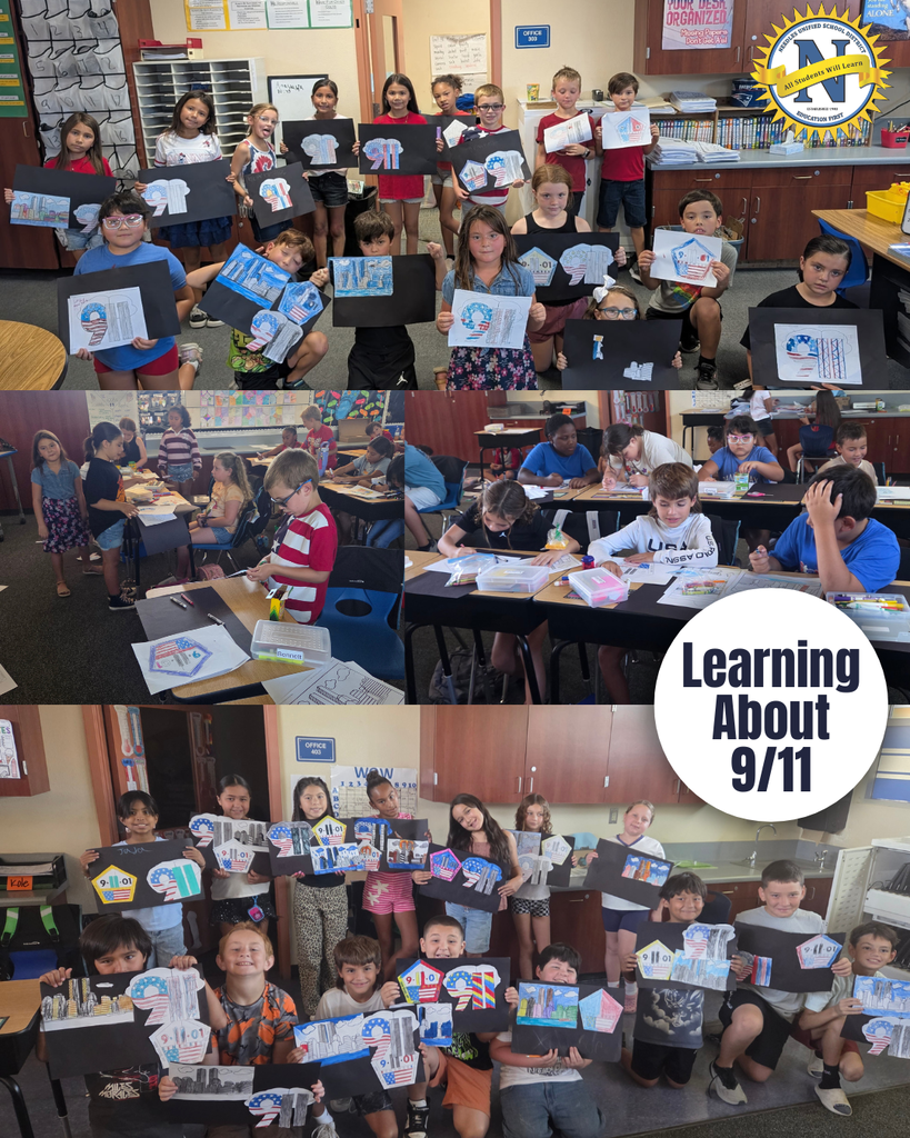 Students in classrooms holding their 9/11 themed art work.
