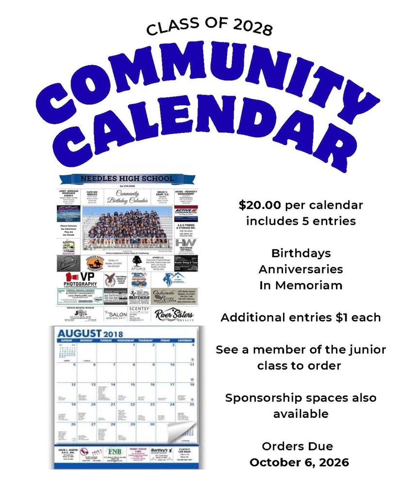 Promotional flyer for the Needles High School Class of 2028 Community Calendar, available for $20 with 5 entries. Orders due October 6, 2026.