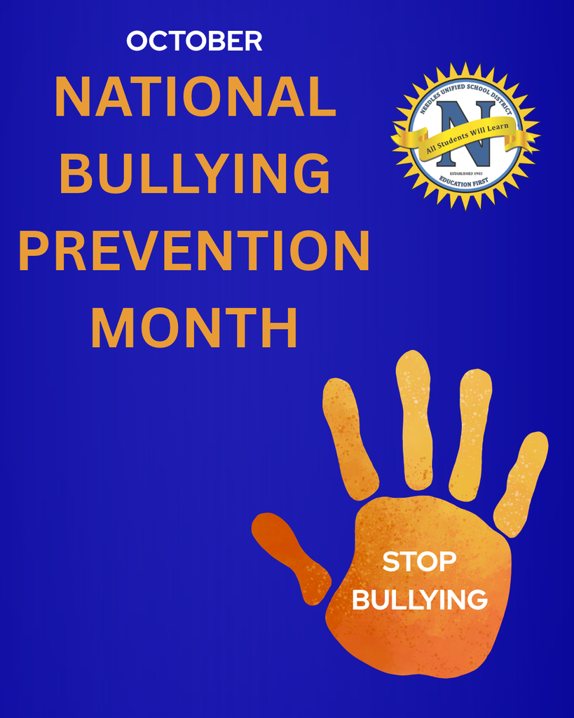 Graphic with a royal blue background and gold lettering reading “October National Bullying Prevention Month.” The Needles Unified School District seal appears in the upper right corner. A large gold and orange handprint in the lower right reads “Stop Bullying.”