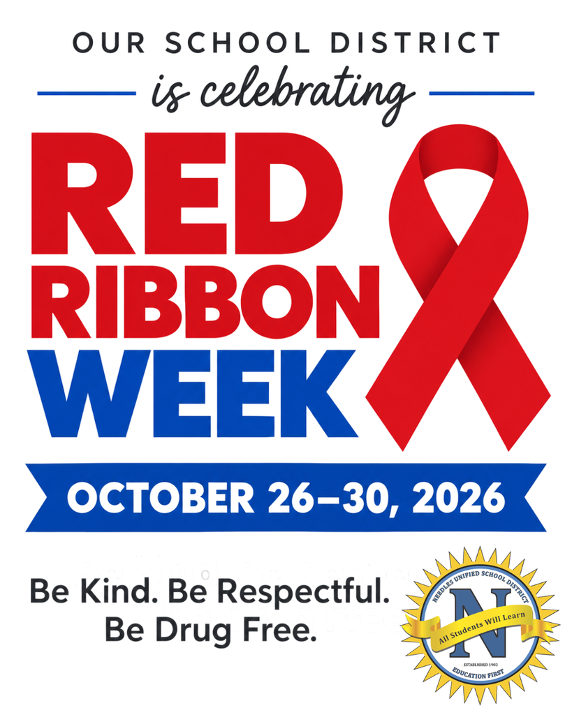 Graphic celebrating Red Ribbon Week, October 26–30, 2026. The design features bold red and blue lettering, a red awareness ribbon, and the message: “Be Kind. Be Respectful. Be Drug Free.”