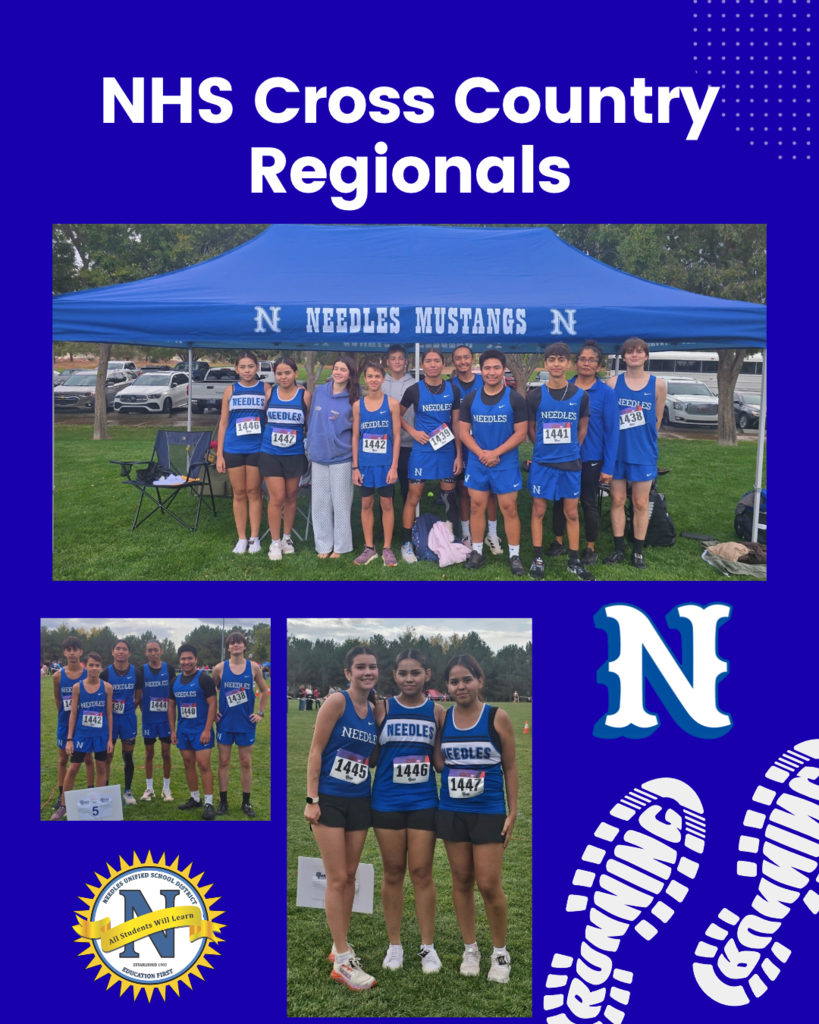 Promotional graphic with a dark blue background titled "NHS Cross Country Regionals" featuring photographs of the Needles Mustangs cross country team. At top, ten team members in blue uniforms pose together outdoors beneath a blue canopy tent printed with "Needles Mustangs". Below, a smaller photo shows five male runners in uniform outdoors, while another photo highlights three female runners wearing racing bibs numbered 1445, 1446, and 1447. The bottom area features a stylized white letter "N", shoe sole tread graphics with the text "RUNNING", and the Needles Unified School District logo.