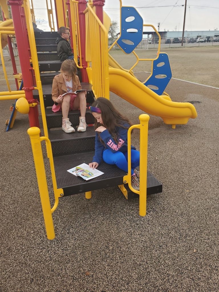 Students reading on playground.
