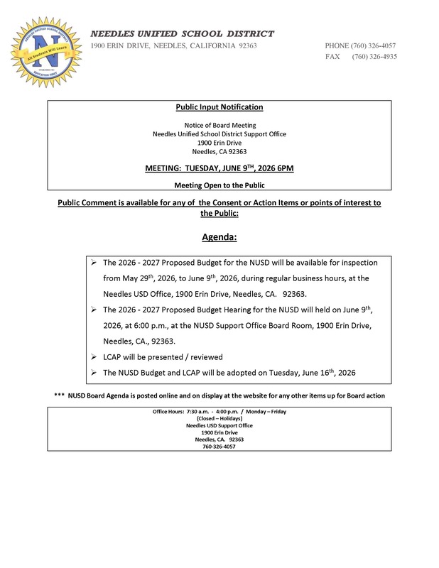 Needles Unified School District public meeting notice for a June 9, 2026 board meeting and budget hearing at 6:00 p.m. Includes agenda topics, public comment information, district contact details, and office hours.