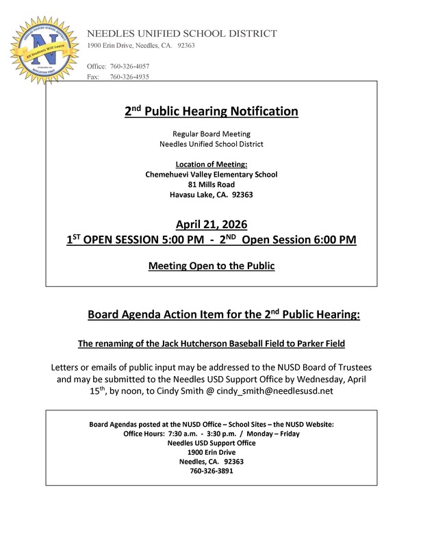 Alt text:  Photograph of a Needles Unified School District flyer announcing a public board hearing on April 21, 2026, with meeting times and location.