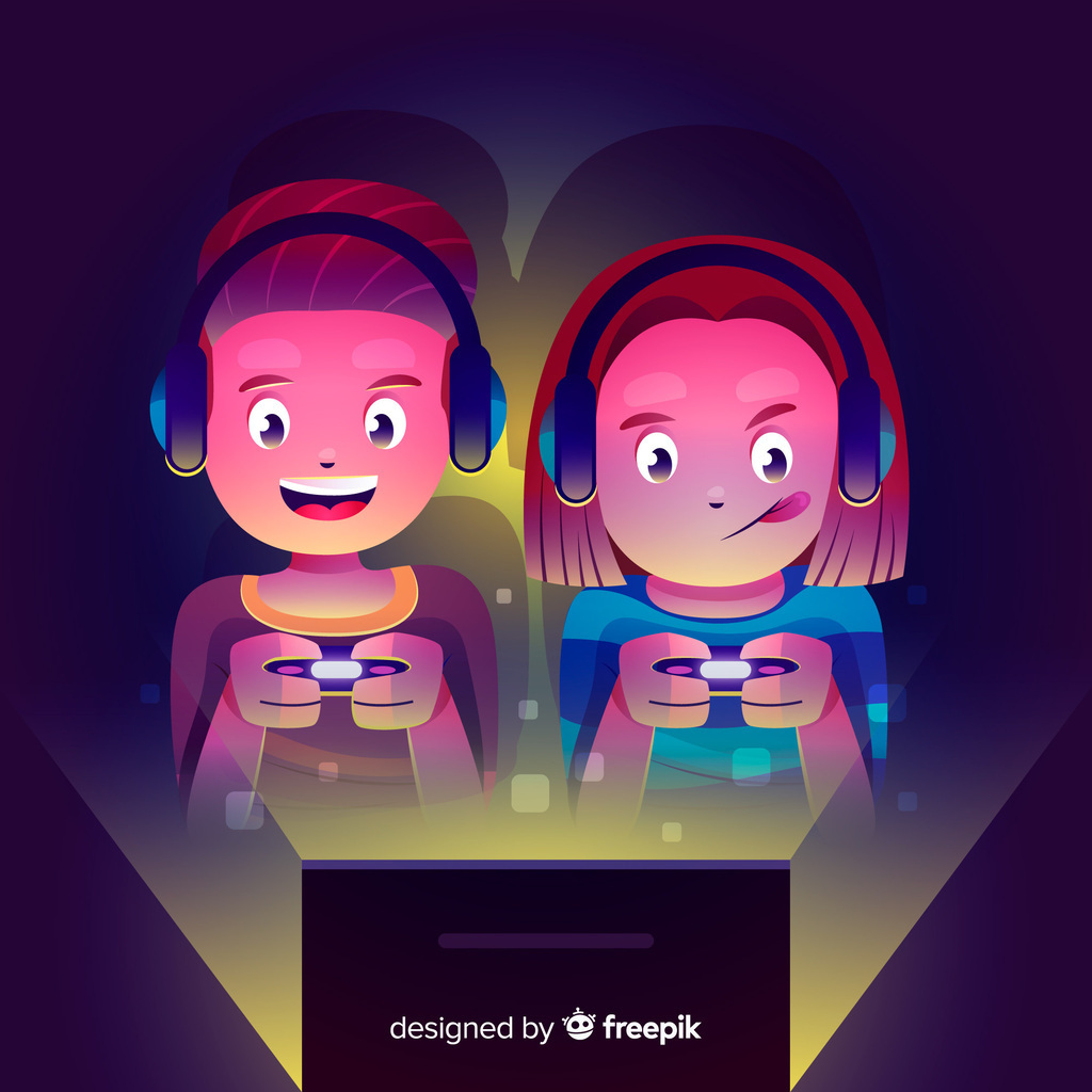image by freepik of 2 cartoon kids playing video games next to each other