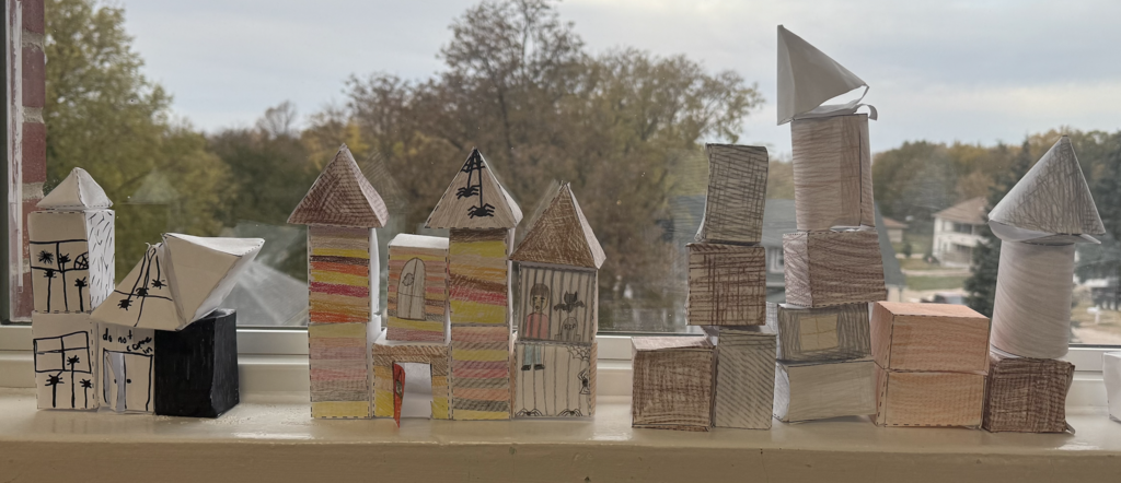 4th grade haunted house creations using 3D shapes.