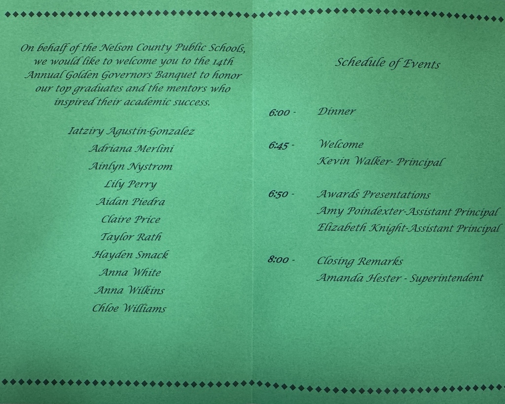 Golden Governors 2026 Banquet Program middle pages with names and schedule of events