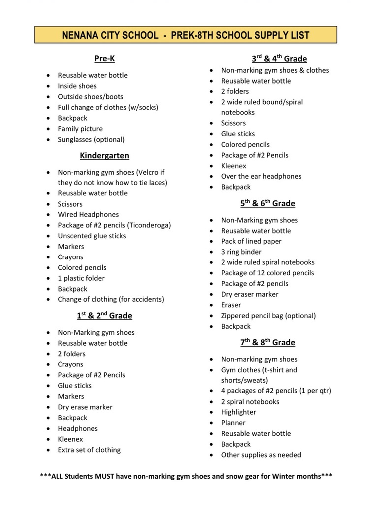2026-27 NCS PreK-8th supply list