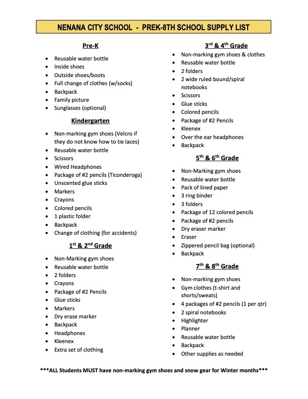 NCS PreK-8th Supply List 2026-27