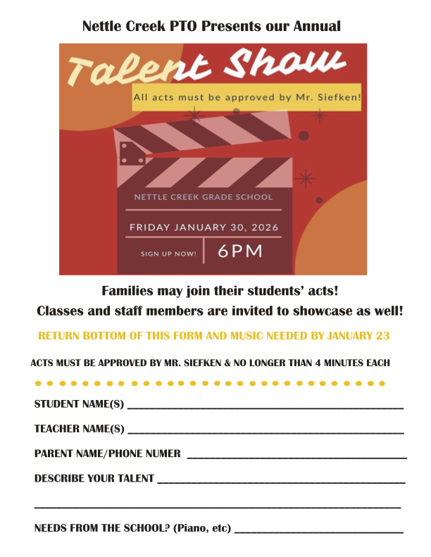 Talent Show flyer with information and sections to be filled out for the school to collect