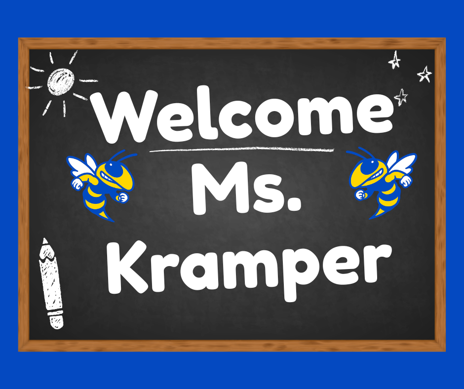 Welcome sign for a classroom teacher. A chalkboard with a wooden frame sits on a bright blue background. Large white text reads “Welcome Mrs. Kramper.” Two blue-and-gold hornet mascots appear on either side of the text. White chalk-style drawings of a sun, stars, and a crayon decorate the chalkboard corners.