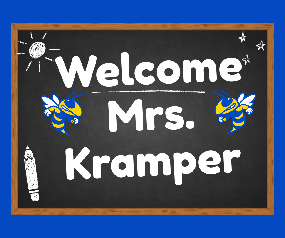 Welcome sign for a classroom teacher. A chalkboard with a wooden frame sits on a bright blue background. Large white text reads “Welcome Mrs. Kramper.” Two blue-and-gold hornet mascots appear on either side of the text. White chalk-style drawings of a sun, stars, and a crayon decorate the chalkboard corners.