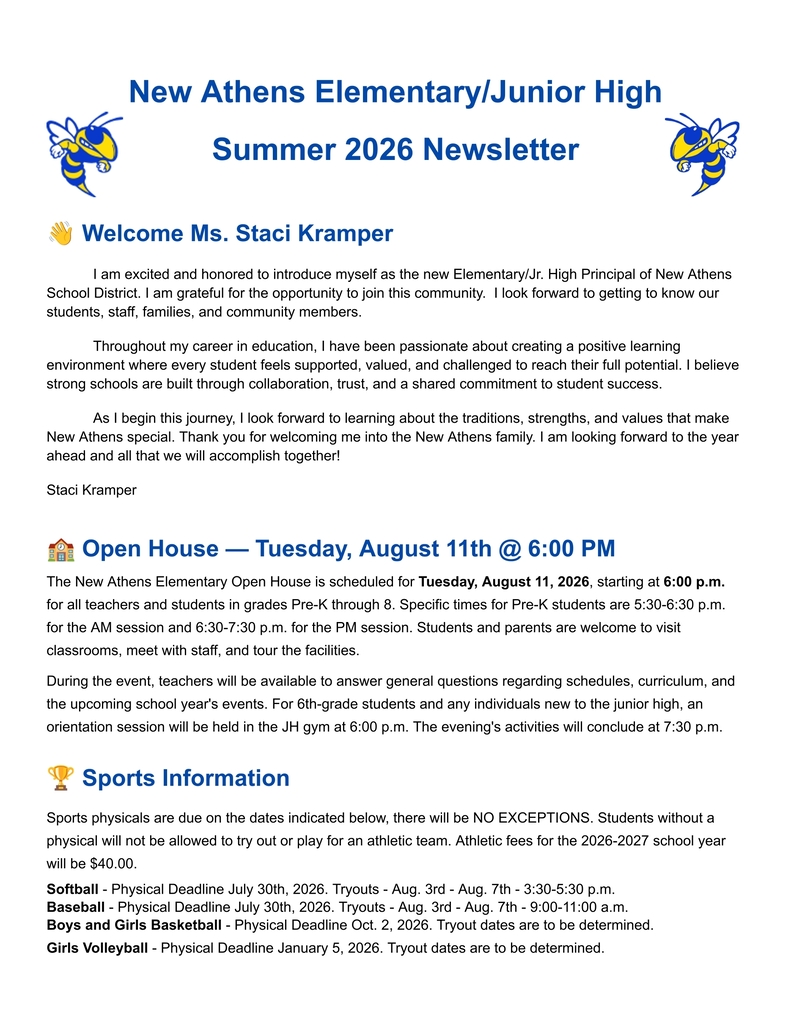 New Athens Elementary/Junior High Summer 2026 Newsletter cover. Announces new principal Staci Kramper with a welcome message, Open House on Tuesday, August 11 at 6:00 p.m., and sports information including physical deadlines, tryout dates, and a $40 athletic fee.