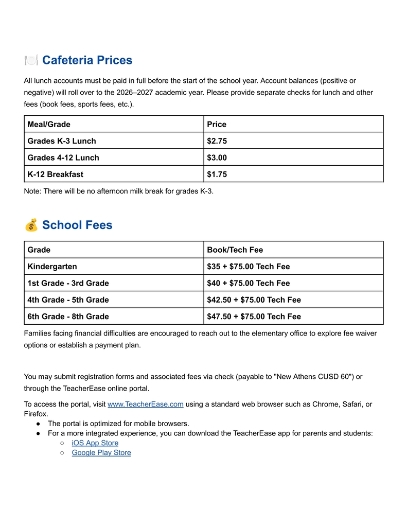 School information page with cafeteria meal prices, annual book and technology fees by grade level, payment instructions through TeacherEase or by check, and a bus transportation eligibility form for qualifying in-town students.