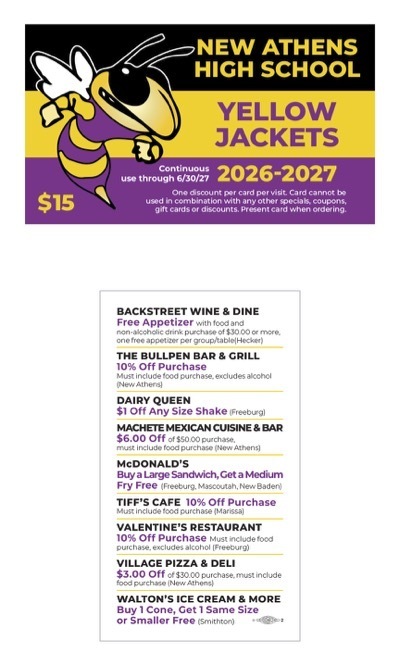 Promotional flyer for the New Athens High School Yellow Jackets 2026–2027 Discount Card. The card costs $15 and is valid through June 30, 2027. It features the Yellow Jacket mascot and discounts from local businesses, including Backstreet Wine & Dine, The Bullpen Bar & Grill, Dairy Queen, Machete Mexican Cuisine & Bar, McDonald’s, Tiff’s Cafe, Valentine’s Restaurant, Village Pizza & Deli, and Walton’s Ice Cream & More.