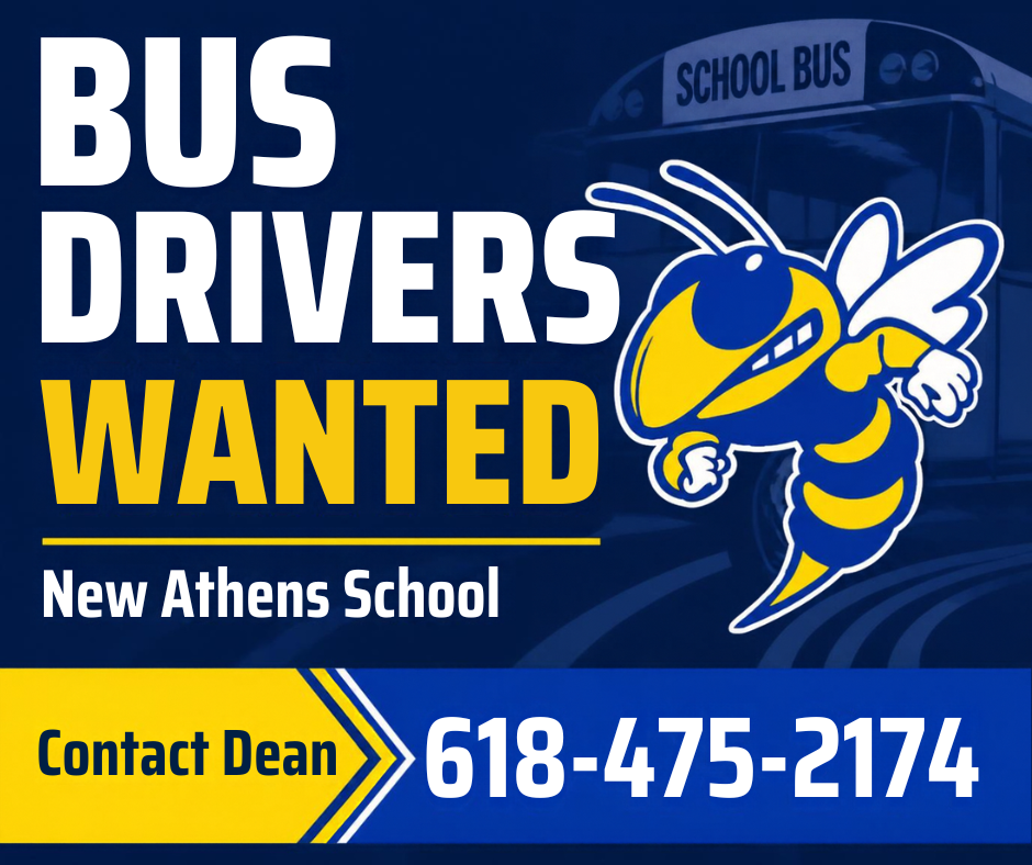 “Recruitment flyer for New Athens School seeking bus drivers. The blue-and-yellow design features a school bus and school mascot, with the text ‘BUS DRIVERS WANTED,’ ‘Contact Dean,’ and ‘618-475-2174.’”