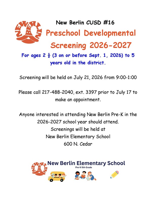 Preschool Developmental screening.  Held On July 21, 2026 from 9:00-1:00.  Please call 217-488-2040 prior to july 17th to make an appointment.