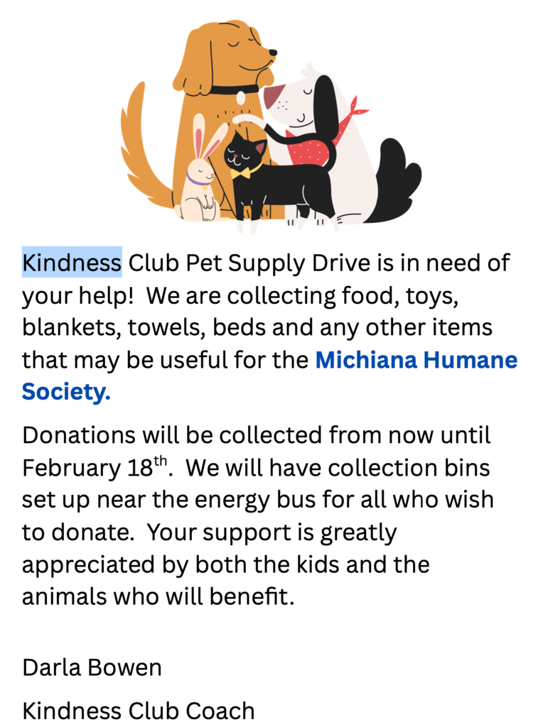 Kindness Club Pet drive
